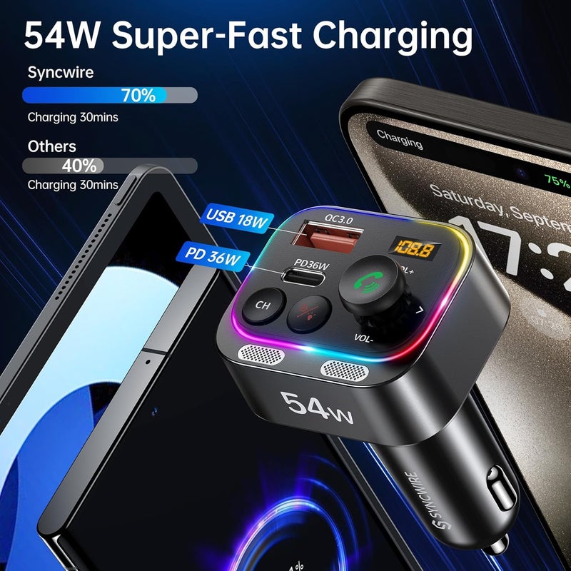 Syncwire Bluetooth 5.4 FM Transmitter Car Adapter 54W (PD 36W & 18W) [Stronger Dual Mics] [Light Switch] [HiFi Bass Sound] [Fast Charging] Wireless Radio Receiver Hands-Free Calling LED Display - Image 4